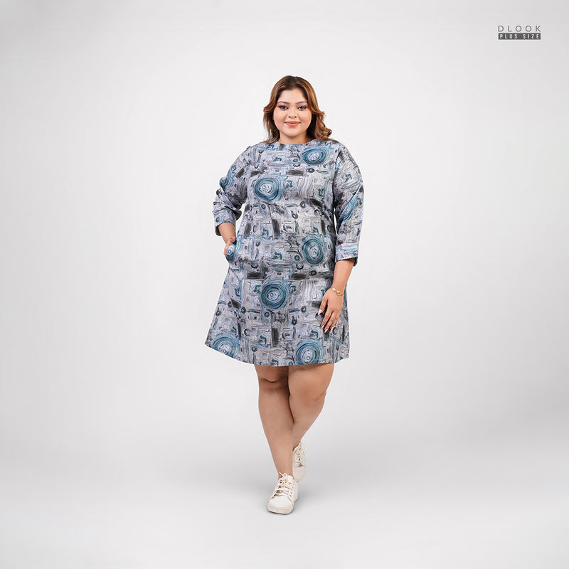 PRINTED LONG SLEEVE SHORT DRESS-BLUE