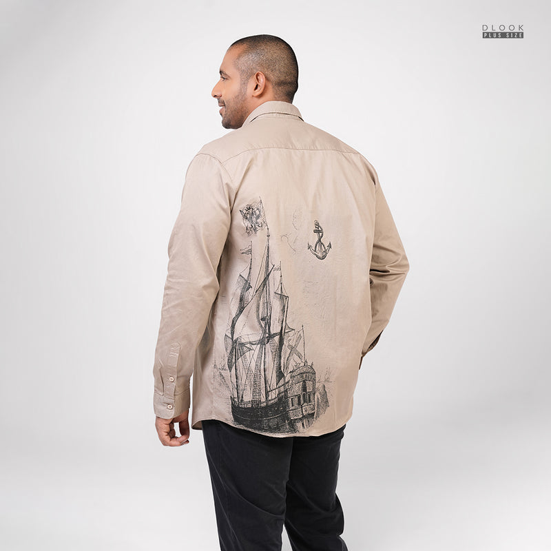 MEN LONG SLEEVE PRINTED SHIRT- DARK BEIGE