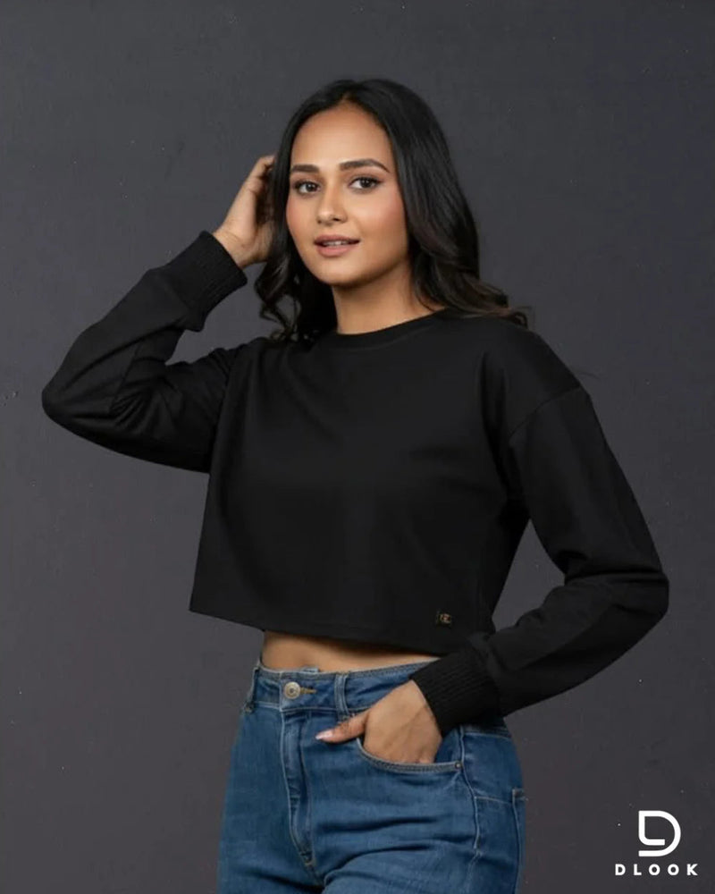 WOMEN'S LONG SLEEVE CROPTOP - BLACK