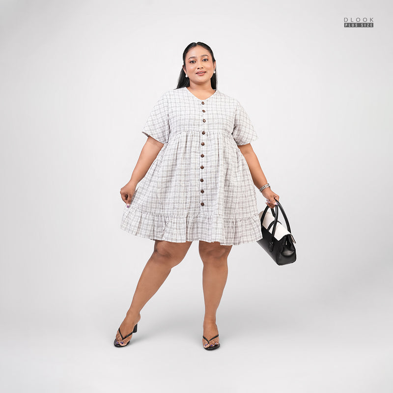 GRACE CHECK LINEN PLUS SIZE DRESS-BROWN