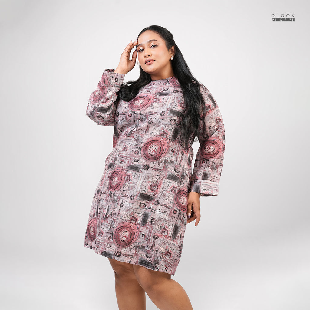 PRINTED LONG SLEEVE SHORT DRESS-PINK