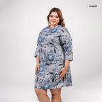 PRINTED LONG SLEEVE SHORT DRESS-BLUE