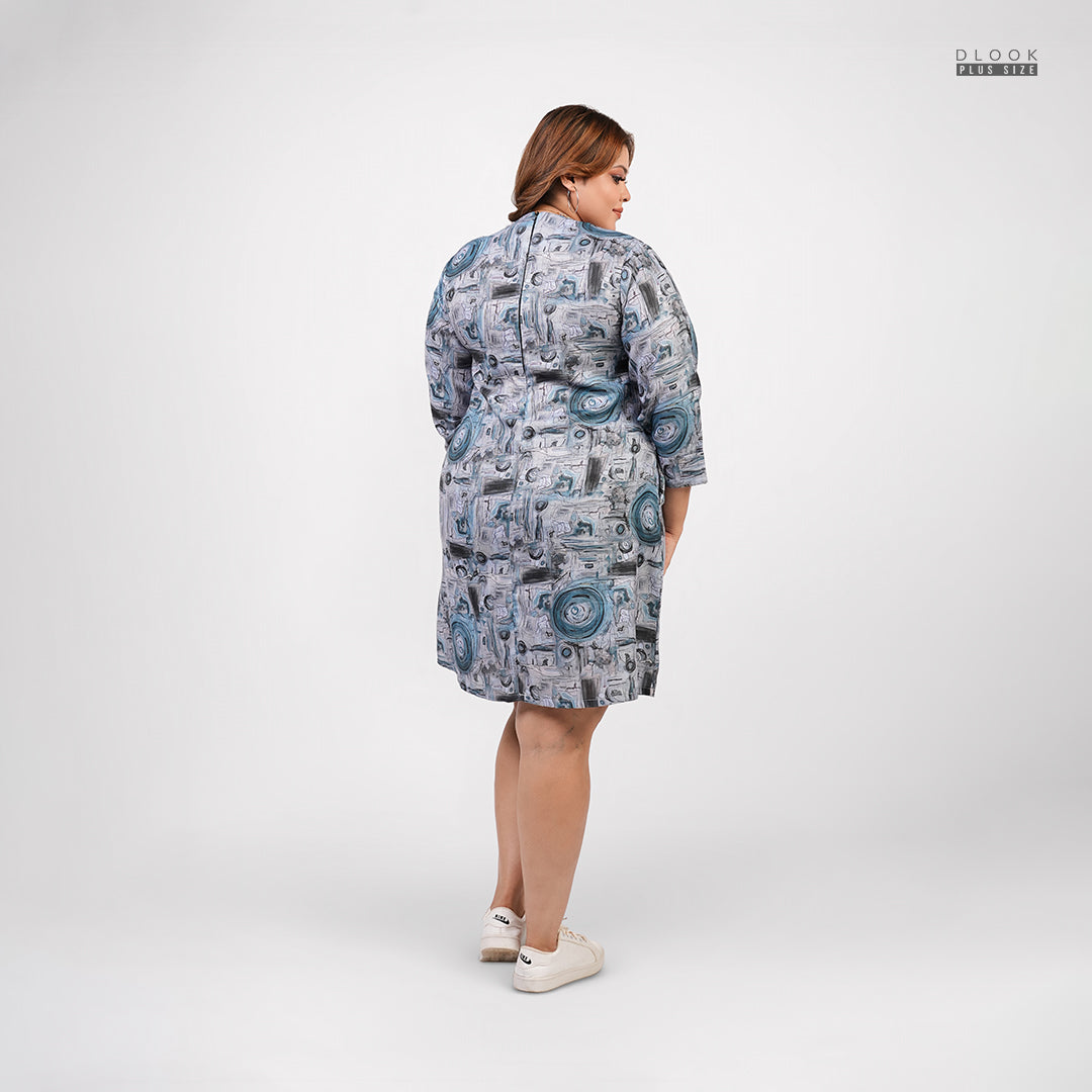 PRINTED LONG SLEEVE SHORT DRESS-BLUE