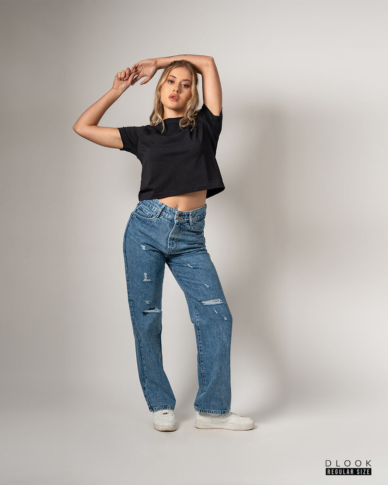 Distressed High-Waist Straight Jeans