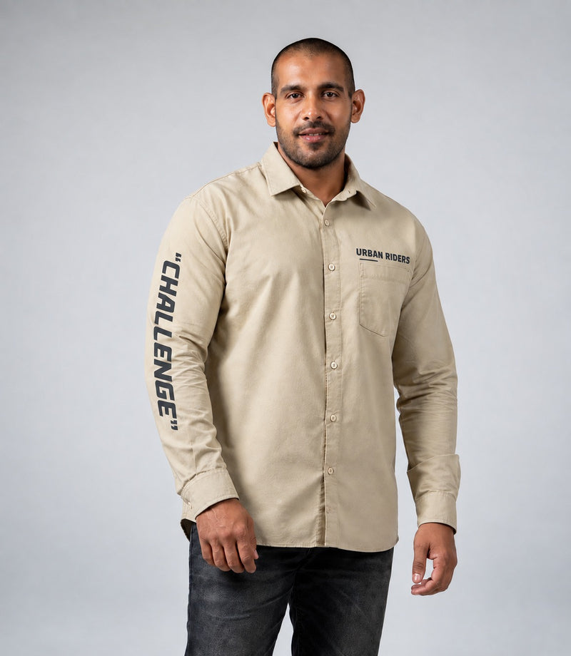 MEN'S LONG SLEEVE PRINTED SHIRT- LIGHT BEIGE