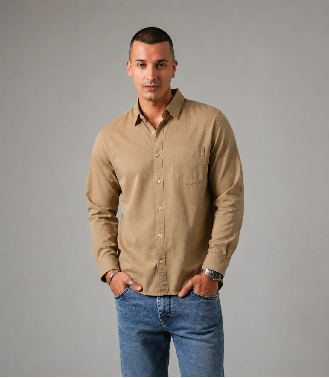 MEN'S LONG SLEEVE SHIRT - DARK BEIGE