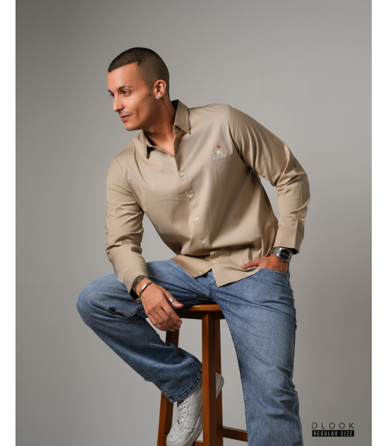 Long Sleeve Beige  Shirt with embroider logo