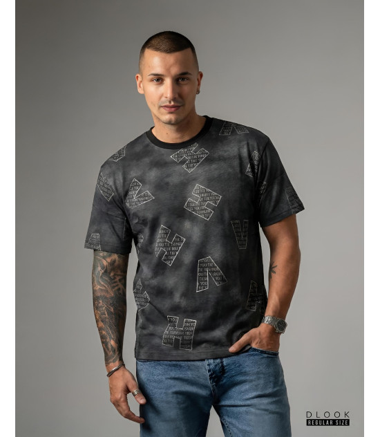 Acid wash Letter designed Black T Shirt